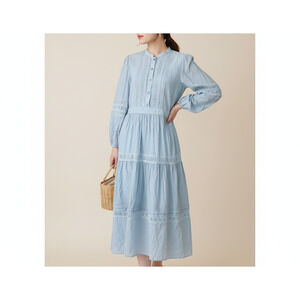 Eloise Cutwork Embroidery Long Puff‑Sleeve Dress - Dusty Blue - M